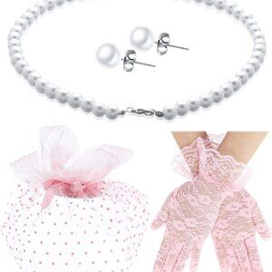 Women Fascinators Hats Set Pink Lace Gloves Pearl Jewelry for Tea Party